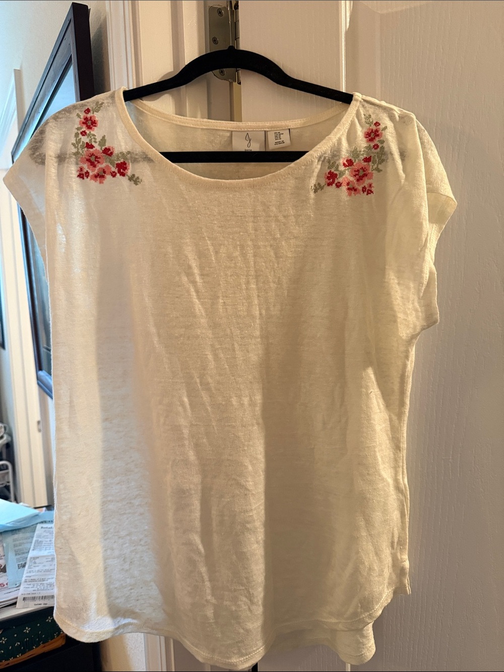 Joie Cream Cap-Sleeve Top with Pink Floral Embroidery